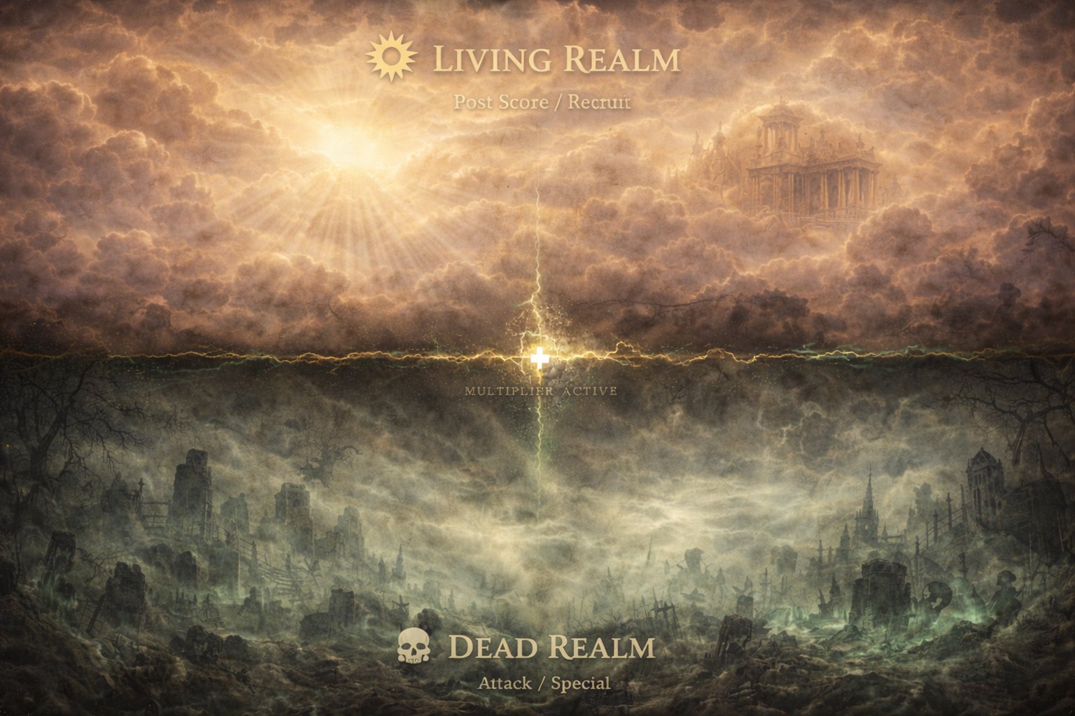 Deathmancer playmat showing the Living Realm above and Dead Realm below.