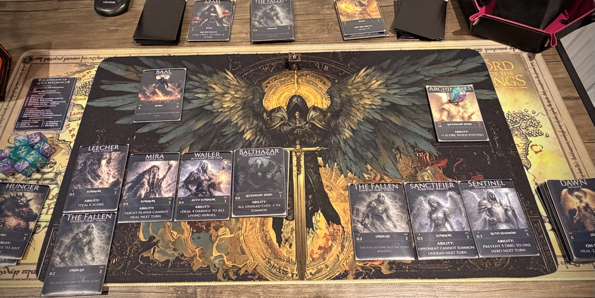 Early Deathmancer proxy playtest setup on a tabletop.